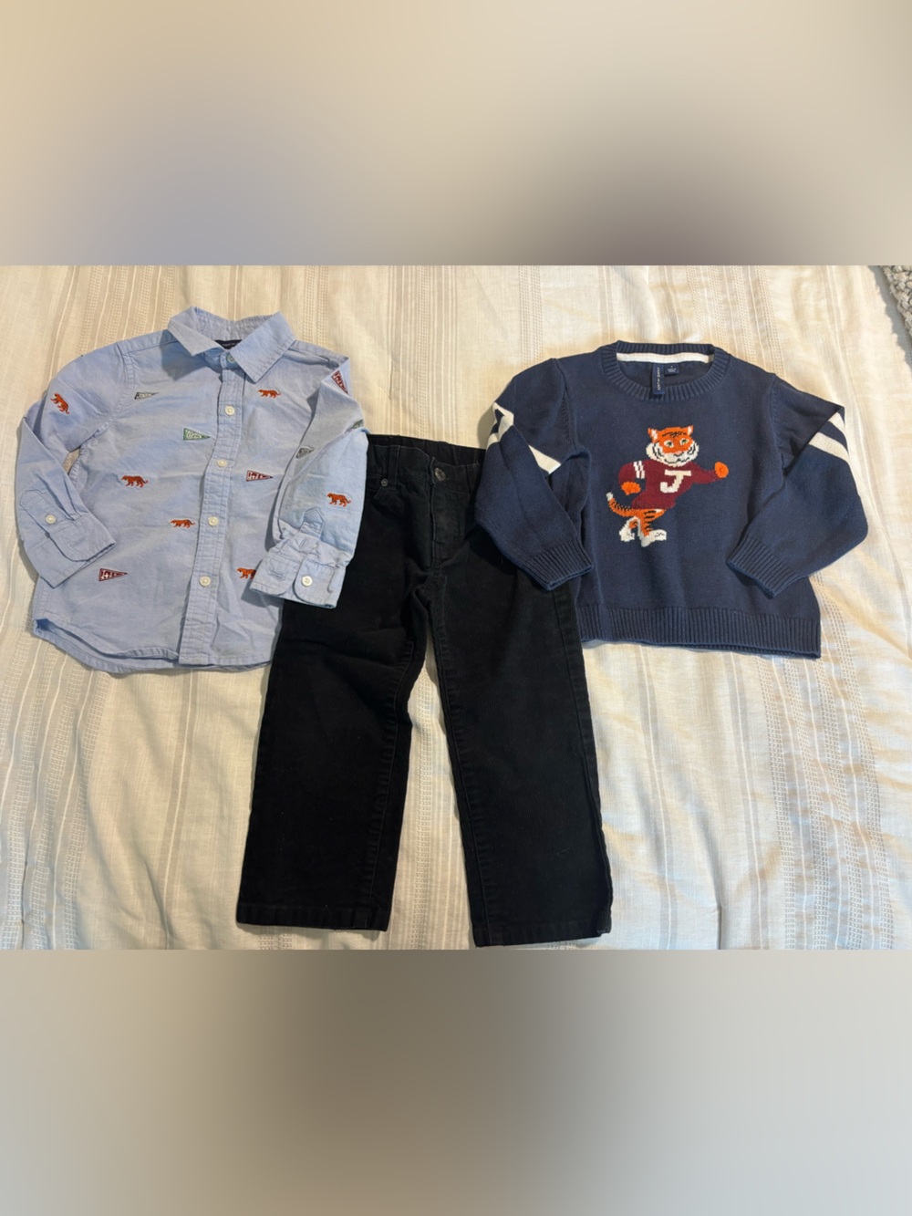 Janie and Jack Navy Tiger Sweater with Light Blue Shirt and Black Pants